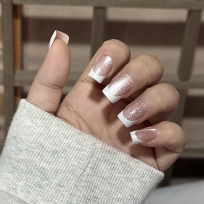 Накладні нігті Press on Nail котяче око класичний френч, форма квадрат, середні, 24 шт з доставкою по Україні