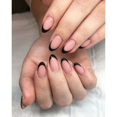 Накладні нігті Kitty Nail TOP чорний френч, форма мигдаль, короткі, 24 шт