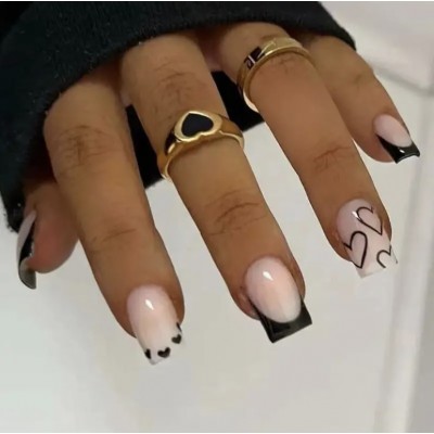 Накладні нігті Kitty Nail чорний френч з серцями, форма квадрат, середні, 24 шт з доставкою по Україні