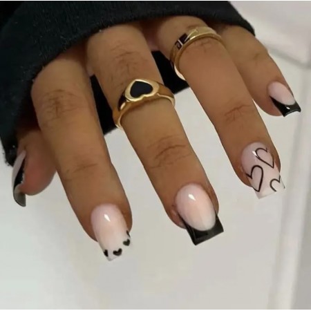 Накладні нігті Kitty Nail чорний френч з серцями, форма квадрат, середні, 24 шт з доставкою по Україні