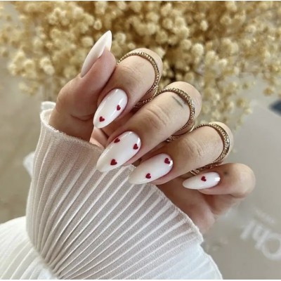 Накладні нігті Beautiful Nail молочні з серцями, форма мигдаль, довгі, 24 шт