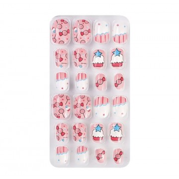 Накладні нігті дитячі Kitty Nail тістечка рожеві, форма квадрат, короткі, 24 шт