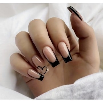 Накладні нігті Kitty Nail чорний френч з серцем, форма квадрат, довгі, 24 шт