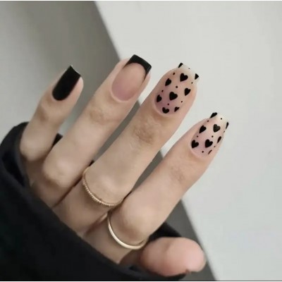 Накладні нігті Beautiful Nail чорний френч серця, форма квадрат, короткі, 24 шт