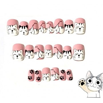 Накладні нігті дитячі Kitty Nail котики чорно-білі, форма м'який квадрат, короткі, 24 шт