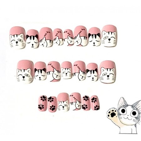 Накладні нігті дитячі Kitty Nail котики чорно-білі, форма м'який квадрат, короткі, 24 шт з доставкою по Україні