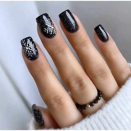 Накладні нігті False Nail Новорічні чорні, форма квадрат, глянцеві середні, 24 шт з доставкою по Україні