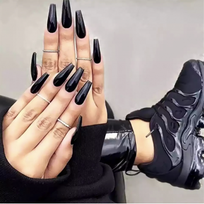 Накладні нігті Kitty Nail класичні чорні, форма балерина, довгі, 20 шт з доставкою по Україні