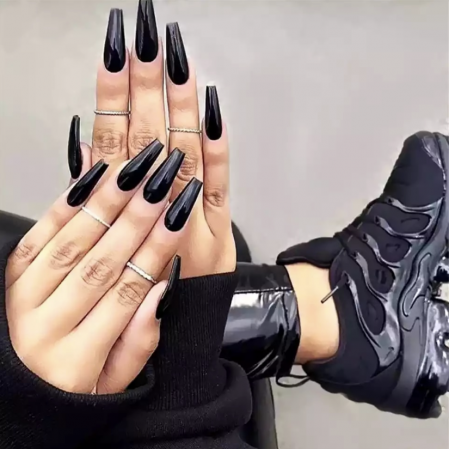 Накладні нігті Kitty Nail класичні чорні, форма балерина, довгі, 20 шт з доставкою по Україні