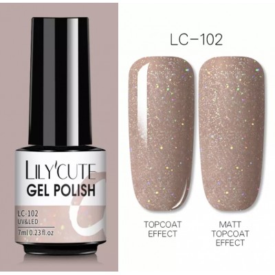 Гель-лак Lilycute LC-102 Nude Glitter, бежево-сірий з шимером, 7 мл