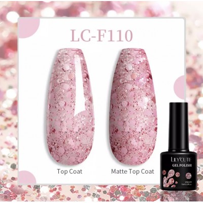 Гель-лак Lilycute F-110 Rose Gold яскраві рожеві блискітки, 7 мл