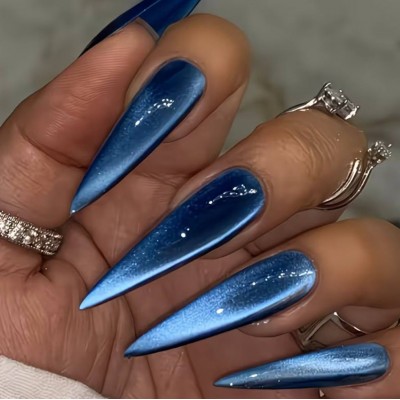 Накладні нігті False Nail Cat eyes котяче око, лазурні сины, форма стилет, довгі, 24 шт з доставкою по Україні