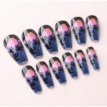 Накладні нігті Kitty Nail Літо, пальми, глянцеві, форма балерина, 24 шт з доставкою по Україні