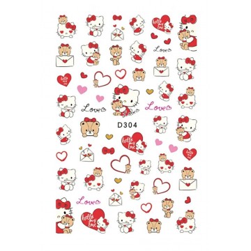Наклейки для нігтів D304 Hello Kitty, Хело Кітті, серця