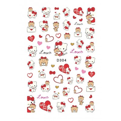 Наклейки для нігтів D304 Hello Kitty, Хело Кітті, серця з доставкою по Україні
