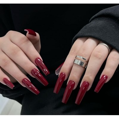 Накладні нігті Kitty Nail вишневі, форма балерина, глянцеві довгі, 20 шт