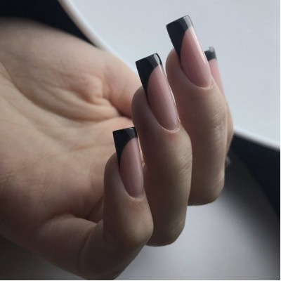 Накладні нігті Kitty Nail чорний френч на рожевому фоні, форма квадрат, довгі, 24 шт