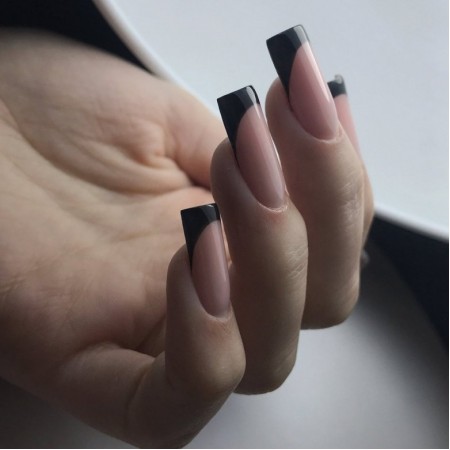 Накладні нігті Kitty Nail чорний френч на рожевому фоні, форма квадрат, довгі, 24 шт з доставкою по Україні