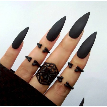 Накладні нігті Kitty Nail Black чорні матові, форма стилет, довгі, 20 шт з доставкою по Україні