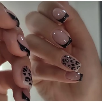 Накладні нігті Kitty Nail чорний френч, леопард, форма квадрат, середні, 24 шт
