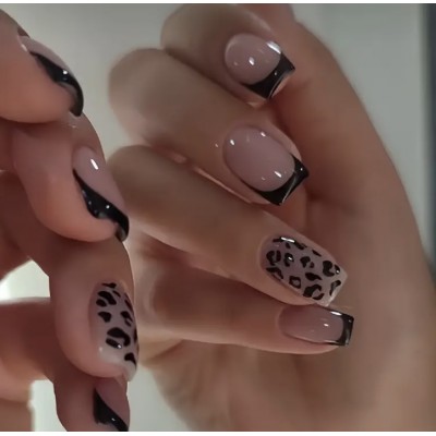 Накладні нігті Kitty Nail чорний френч, леопард, форма квадрат, середні, 24 шт