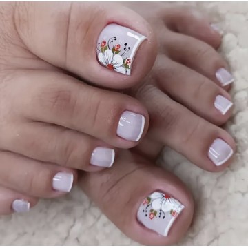 Накладні нігті для ніг Kitty Nail, молочний френч з квіткою, форма квадрат, 24 шт
