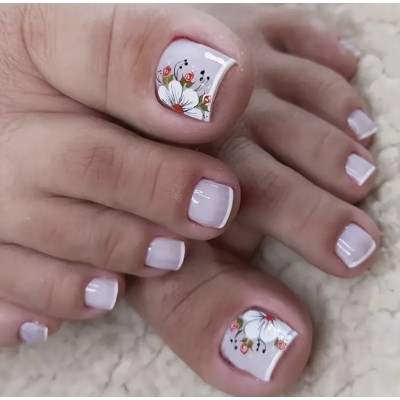 Накладні нігті для ніг Kitty Nail, молочний френч з квіткою, форма квадрат, 24 шт