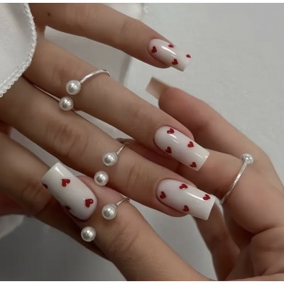 Накладні нігті Kitty Nail молочні з червоними серцями, форма квадрат, довгі, 24 шт з доставкою по Україні