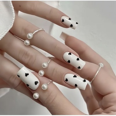 Накладні нігті Kitty Nail чорні серця, форма квадрат, довгі, 24 шт