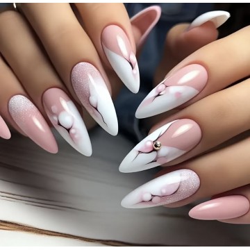Накладні нігті Kitty Nail рожевий мрамор, форма стилет, довгі, 24 шт