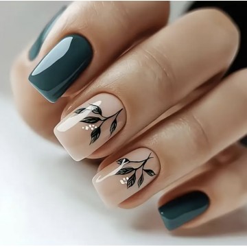 Накладні нігті Kitty Nail смарагдові з гілочками, форма квадрат, короткі, 24 шт