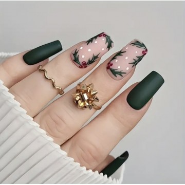 Накладні нігті Kitty Nail матові зелені новорічні, форма квадрат, довгі, 24 шт