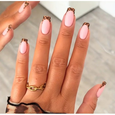 Накладні нігті Beautiful Nail матовий френч леопард, форма квадрат, середні, 24 шт з доставкою по Україні
