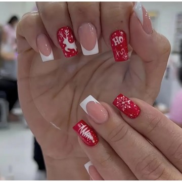 Накладні нігті Beautiful Nail зимові з оленями, форма квадрат, середні, 24 шт