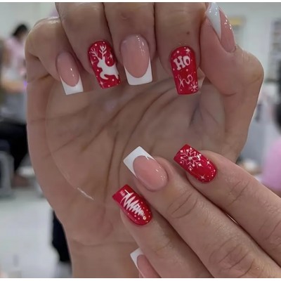 Накладні нігті Beautiful Nail зимові з оленями, форма квадрат, середні, 24 шт