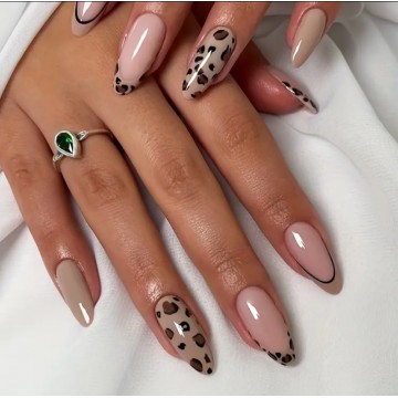 Накладні нігті Kitty Nail леопардовий бежевий френч, форма мигдаль, середні, 24 шт