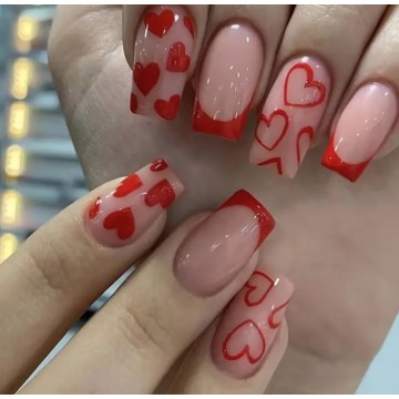 Накладні нігті Beautiful Nail нюдові з серцями, форма квадрат, середні, 22 шт