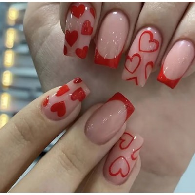 Накладні нігті Beautiful Nail нюдові з серцями, форма квадрат, середні, 22 шт