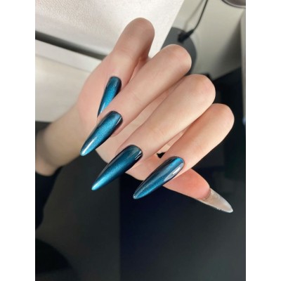 Накладні нігті False Nail Cat eyes котяче око, лазурні сины, форма стилет, довгі, 24 шт