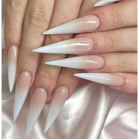 Накладні нігті Kitty Nail нюдово-біле омбре, форма стилет, довгі, 24 шт з доставкою по Україні
