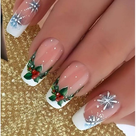 Накладні нігті  Kitty Nail новорічний френч, форма квадрат, довгі, 24 шт з доставкою по Україні