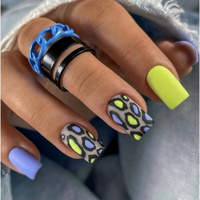 Накладні нігті Kitty Nail темні салатові матовий леопард, форма квадрат, середні, 24 шт з доставкою по Україні