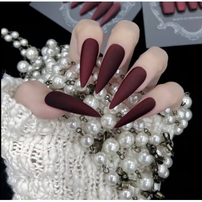 Накладні нігті Kitty Nail гнила вишня, форма стилет, матові довгі, 24 шт