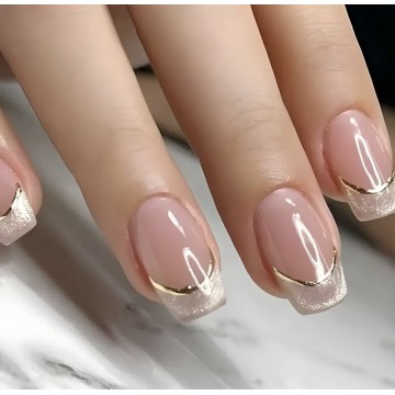 Накладні нігті Kitty Nail Cat Eyes котяче око, френч з золотом, квадрат, середні, 24 шт