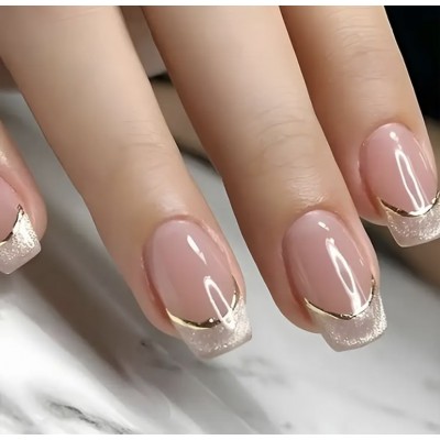 Накладні нігті Kitty Nail Cat Eyes котяче око, френч з золотом, квадрат, середні, 24 шт