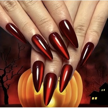 Накладні нігті False Nail Cat Eyes, котяче око вишневі, форма мигдаль, довгі, 20 шт