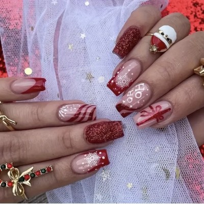 Накладні нігті Kitty Nail новорічні червоні з бантиками, форма квадрат, довгі, 24 шт