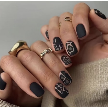 Накладні нігті Beautiful Nail чорні матові з малюнком, форма квадрат, короткі, 24 шт з доставкою по Україні