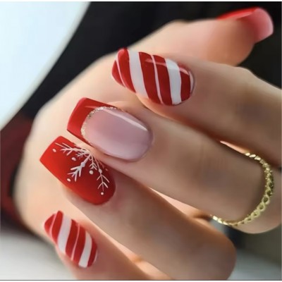 Накладні нігті Kitty Nail червоні зі зніжинками, форма балерина, середні, 24 шт