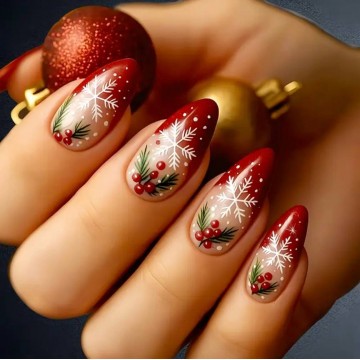 Накладні нігті Kitty Nail новорічні червоне омбре, форма мигдаль, довгі, 24 шт